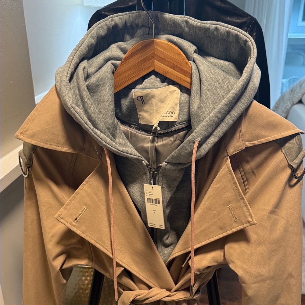 Anthropologie Pilcro Tan Trench Coat with Gray Hoodie